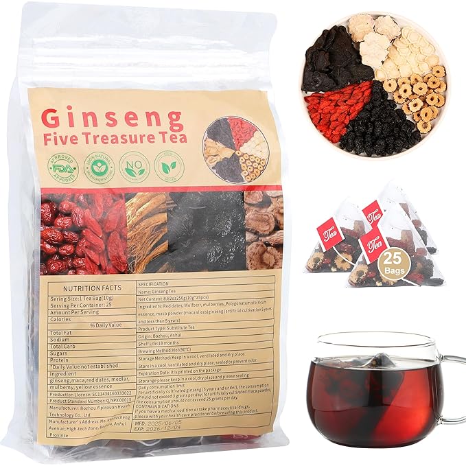 Ginseng Five Treasures Tea,Traditional Chinese Herbal Teas,Kidney Cleanse Detox for Women & Men,6 Rare Ingredients,Organic Tea for Health(1 Pack/25 Bags) - Bloomnest