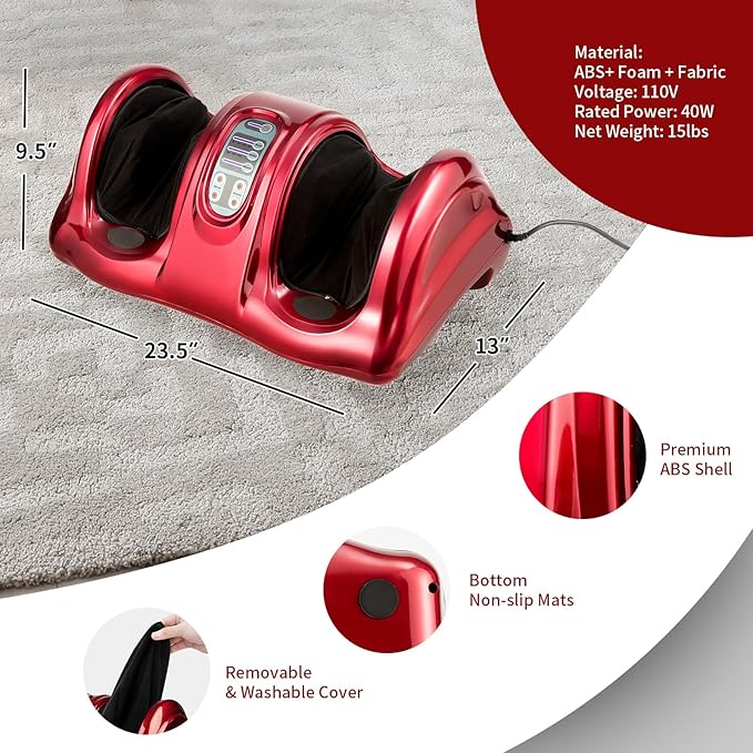 ARLIME Foot Massager Machine, Stimulates Blood Circulation Deep Kneading Shiatsu Foot Massager, Rolling & Pulsing for Leg Calf Arm Ankle w/Remote, Red - Bloomnest
