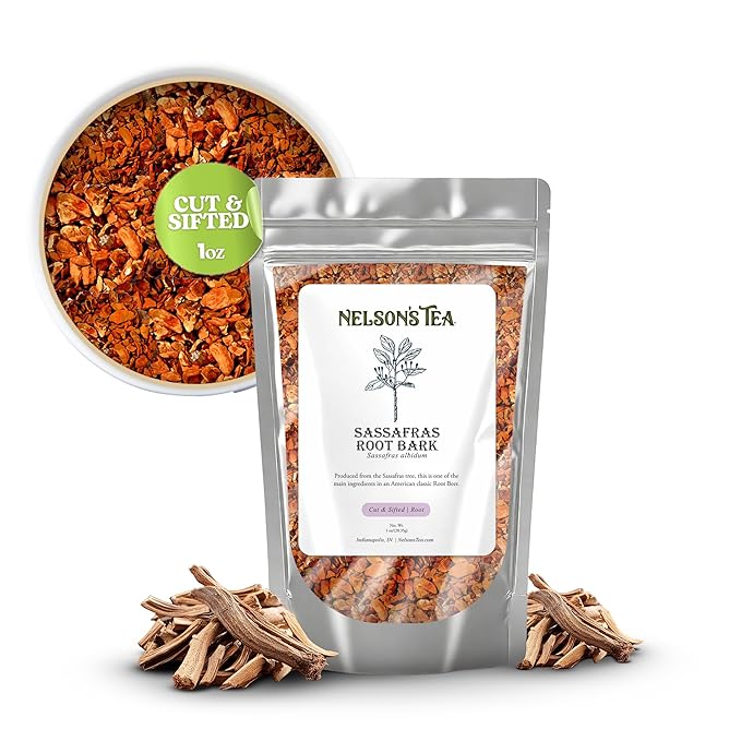 Nelson’s Tea - Sassafras Root Bark Cut & Sifted - Caffeine Free - Classic Root Beer Herbal Blend Tea, Premium Sassafras Albidum Aroma for Brewing, Mixing & Wellness, Freshly Packed Resealable Bag -1oz - Bloomnest