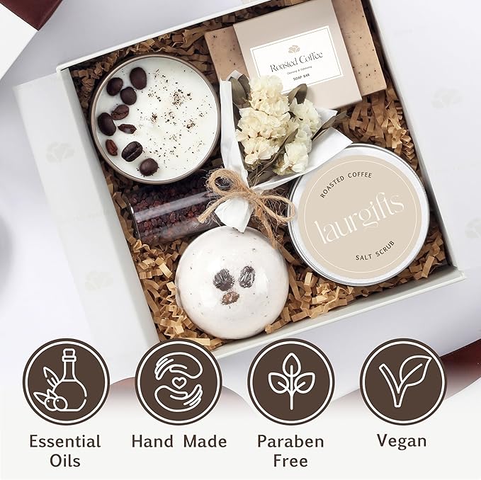 Spa Gift Basket for Women – Small Coffee Scented Candle Set with Bath Bomb & Salt Scrub | Handmade Spa Box Present, Birthday & Housewarming Gift for Her - Bloomnest