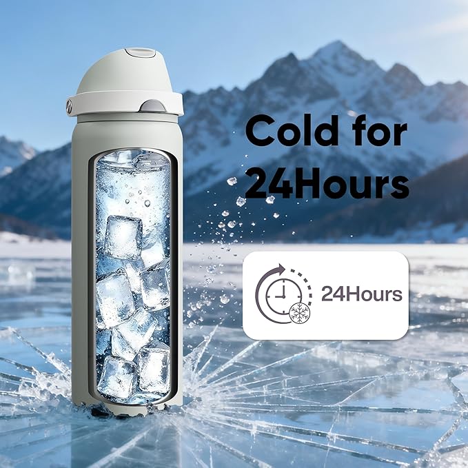 Insulated Water Bottle with Straw - Encool Stainless Steel Water Bottle with Push Button Lid, Leak-Proof & BPA-Free, Keeps Cold for 24 Hours for Sports, Travel, Gym (32 oz, Silver Grey) ENCOOL