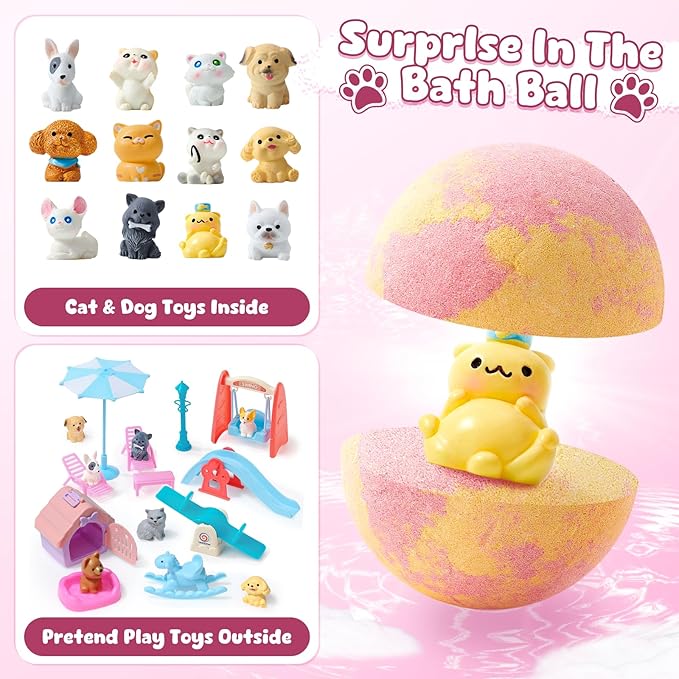Bath Bombs for Kids with Surprise Inside for Girls Boys, 12 Pack Kids Bath Bombs with Dog & Cat Toys Pretend Playset Handmade Bubble Bath Fizzies Birthday Christmas Gift Set - Bloomnest