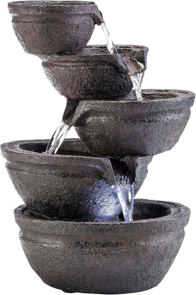 Alpine Corporation WIN1138 13" Indoor Tabletop Tiering Bowls Water Fountain with LED Lights – Cascading Water Feature for Home, Office, Meditation, and Relaxation, Dark Gray - Bloomnest