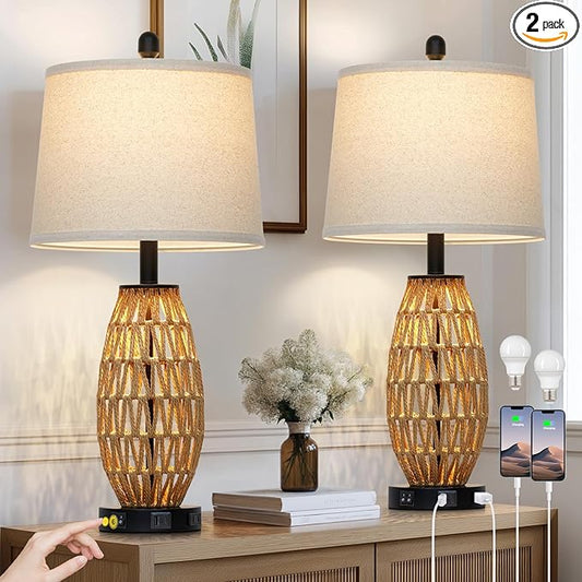 27" Rattan Table Lamps Set of 2, Boho Bedside Lamp for Bedroom with Night Light, Coastal Woven Wicker Nightstand Lamps with USB A+C Charging Port & AC Outlet, Tall Farmhouse Living Room Lamp - Bloomnest