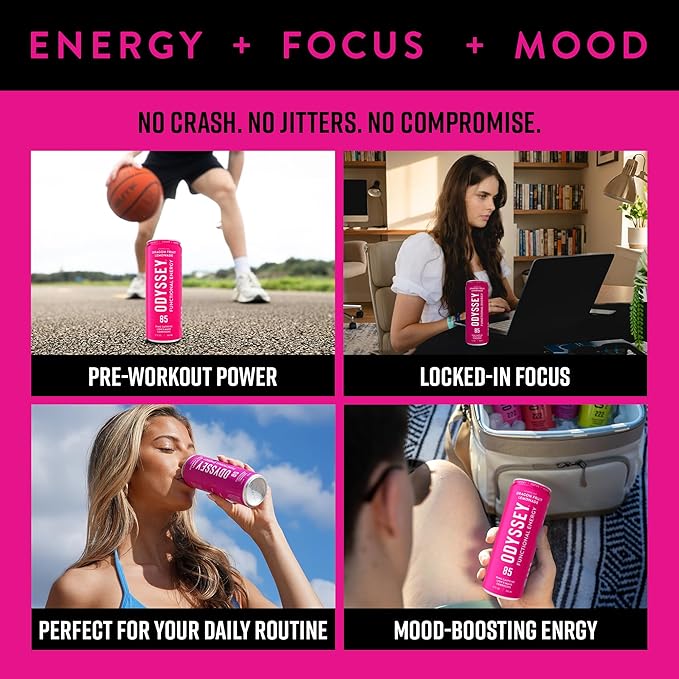 Odyssey Functional Energy Drink for Focus, Cognition & Mood Support 12 Pack - Adaptogenic Drink with 85mg Green Tea Caffeine, Lion’s Mane, Cordyceps, L-Theanine & Ginseng, Dragon Fruit Lemonade - Bloomnest
