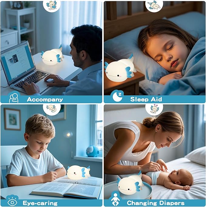 Axolotl Night Light,Cute Axolotl Lamp,Food Grade Silicone Nursery Nightlight,Rechargeable/Dimmable LED Squishy Novelty Animal Bedside Touch Lamp,Baby Room Decor, Axolotl Gifts for Kids/Boys - Bloomnest