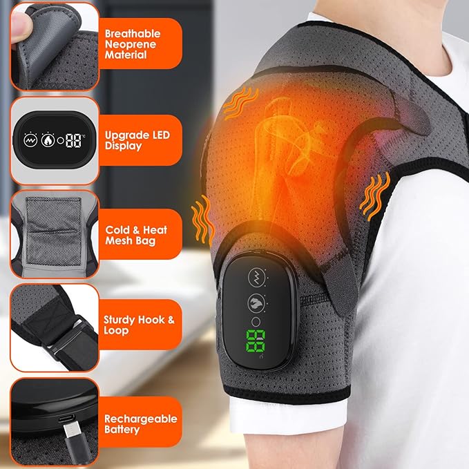Heated Shoulder Wrap, Shoulder Heating Pads Massager for Men Women, Electric Cordless Vibration Massage Heated Shoulder Braces with 3 Heating Setting, Left Right Shoulder Massage - Bloomnest