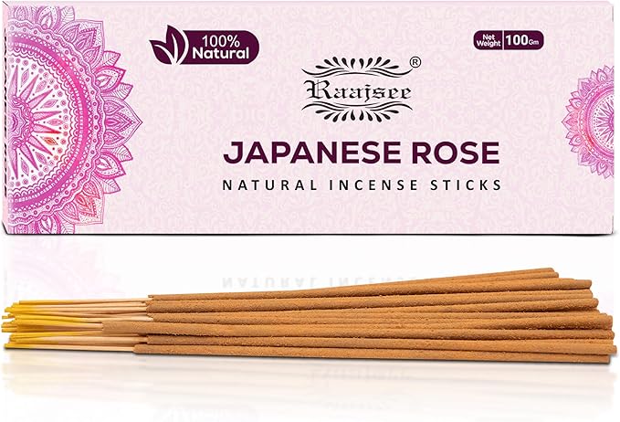 Raajsee Japanese Rose Incense Sticks 100 Gm Pack-100% Pure Organic Natural Hand Rolled Free from Chemicals-for Church,Aromatherapy,Relaxation,Meditation & Sensual Therapy RAAJSEE