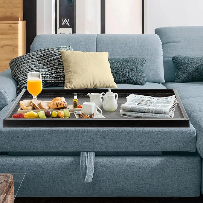 40 x 24 Inches Extra Large Solid Wood Serving Tray for Tea Coffee Table Snack Food Meals Serving Plate Kitchen Party Bar Breakfast Server with Raised Edges Black Wooden Decorative Ottoman Tray - Bloomnest