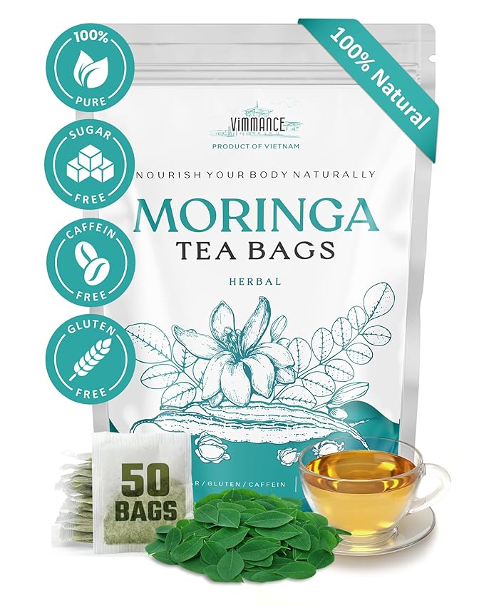 VIMMANCE Moringa Dried Leaves Tea Bags, 50 counts, Hojas de Oleifera, Vietnamese Herbal Tee, Miracle Tree Leafs, 100% Natural Leaf Teabags, Decaf, Sugar Free, Balance Taste - Bloomnest