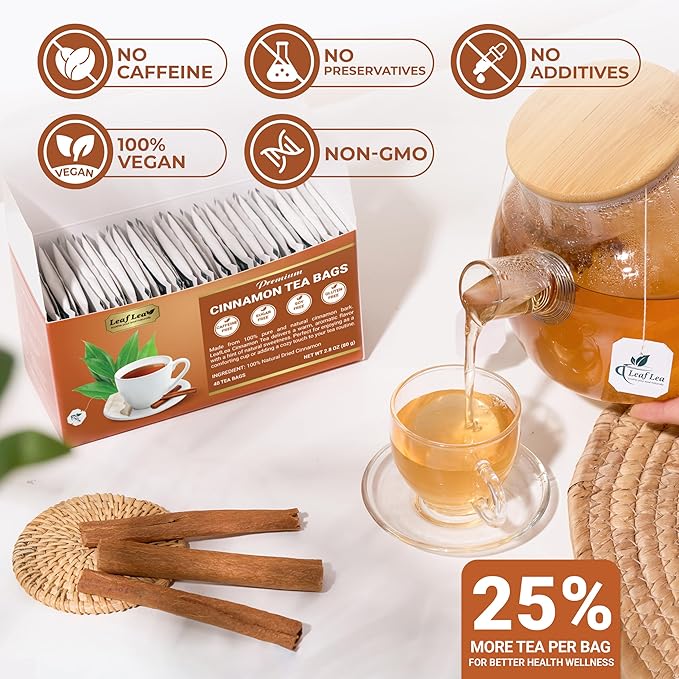 LeafLea 120 Cinnamon Tea Bags, Premium Herbal Tea with Ground Cinnamon Sticks, Spiced and Soothing Flavor for Relaxation, Caffeine-Free, Sugar-Free, Non-GMO, Vegan - Bloomnest