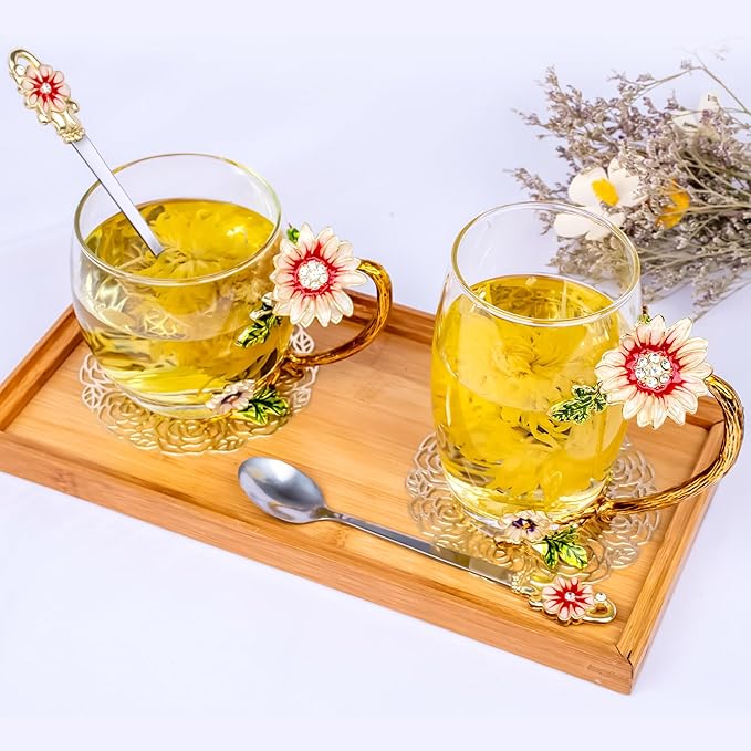 Flower Tea Cup,Butterfly Daisy Glass Fancy Coffee Mug with Spoon,Gift Box for Her Mom Wife Grandma Girls Friends Valentines Christmas Birthday Present Idea for Juice,Hot/Cold Drinks Use (purple) - Bloomnest