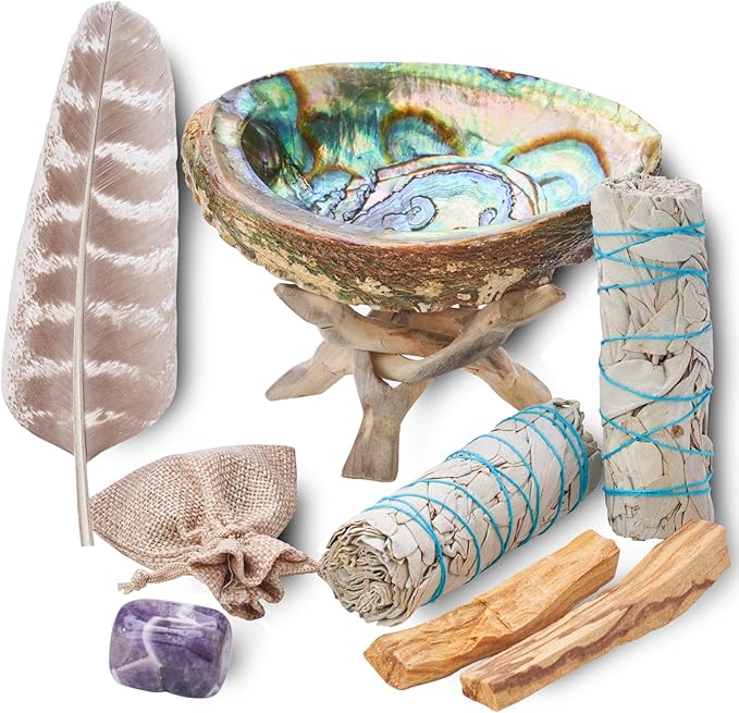 Blue River Sage Smudging & Energy Cleansing Kit with Amethyst, White Sage, Palo Santo, Abalone Shell, Stand & Guide (Regular) BLUE+RIVER+SAGE