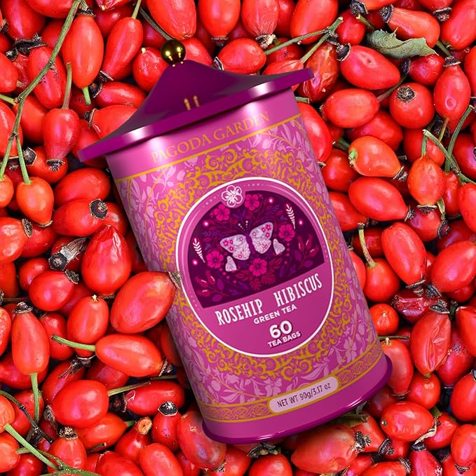 Life Plus Style Gourmet Pagoda Garden Rosehip Hibiscus Green Tea Organic Herbal Tea Caffeinated Hot or Iced Natural Ceylon Tea Antioxidants Supports Wellness 60 Tea Bags - Bloomnest