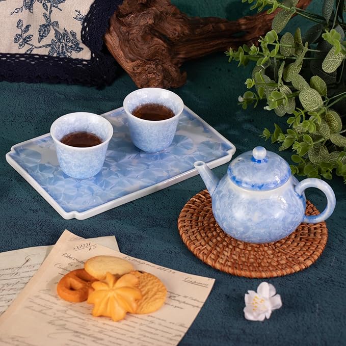 KAMMAK Tea Set Porcelain Tea Pot and Tea Cups Set,Ice Crystal Blue Asian Ceramic Tea Cups and Saucers Set, Chinese Gong Fu Tea Set (2 Cups +1 Pear-shaped Teapot + 1 Square Plate) - Bloomnest