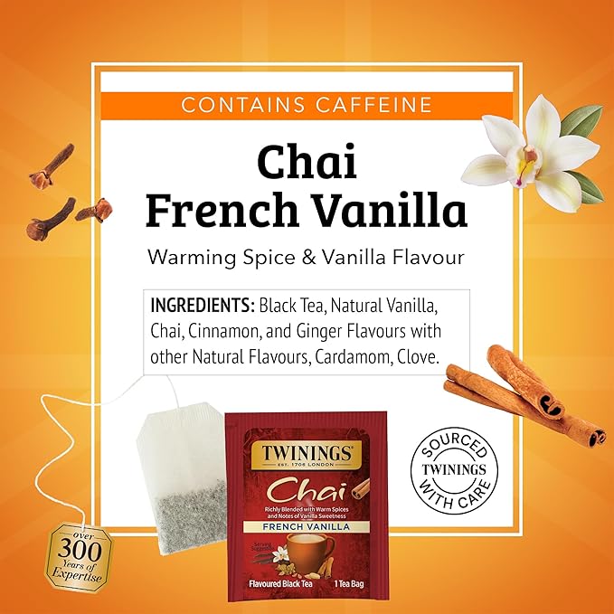 Twinings French Vanilla Chai Black Tea Individually Wrapped Bags, 20 Count (Pack of 6), Warm, Sweet & Spicy, Caffeinated, Enjoy Hot or Iced, 120 Teabags - Bloomnest