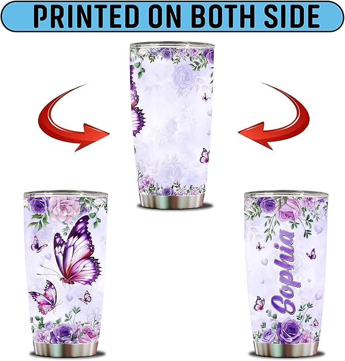 Personalized Purple Butterfly Coffee Mugs For Girls Mom Women Adults Butterflies Lovers Water Bottle Travel Mug Mothers Day Birthday Christmas Valentine 20oz Stainless Steel Cup With Lid - Bloomnest