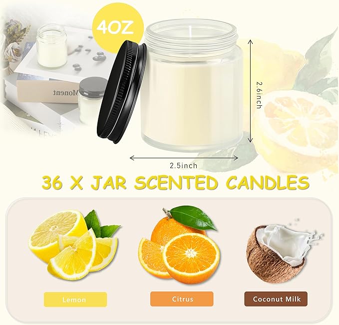 ACITHGL 36 Pcs 4oz Mini Mason Jar Candles Small Scented Candles Bulk Aromatherapy Ideal Souvenir Favors for Wedding Birthday Party (Lemon, Citrus, Coconut Milk, Black) - Bloomnest