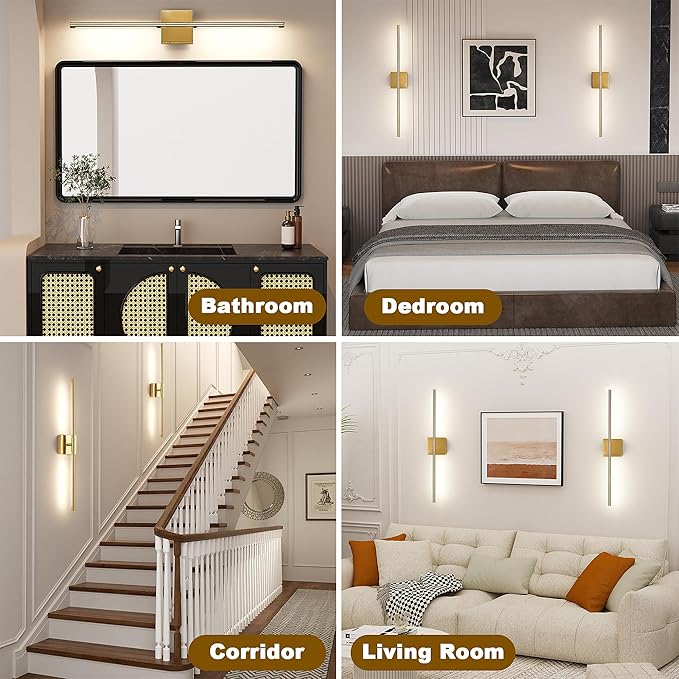 31.5 Inch Battery Operated Wall Sconce Set of Two, 8000mAh USB Rechargeable Wall Sconce with Remote Control, 360°Rotate Dimmable 3000K-6000K LED Wall Lights for Living Room, Hallway, Bedroom, Gold - Bloomnest