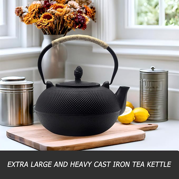 YJX 101 fl oz Extra Large and Heavy Cast Iron Teapot for Stovetop Safe, Black Tea Kettle with Stainless Steel Tea Balls for Loose Tea, Cast Iron Tea Pot for 6 to 10 People, 3000ml Japanese Tetsubin - Bloomnest