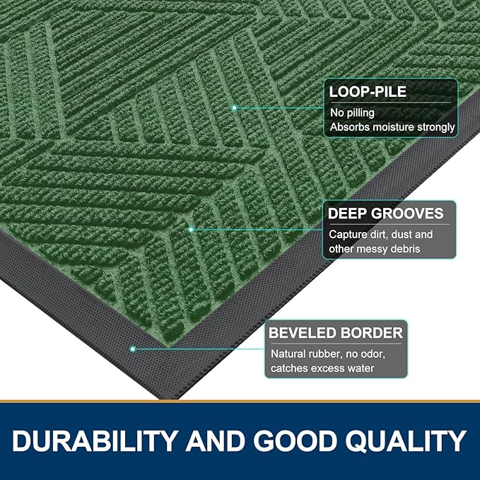 Smiry Front Door Mat Outside Entrance, Heavy Duty Sturdy Natural Rubber Doormat, Trap Dirt and Moisture, Easy Clean Low Profile Mats for Indoor Outdoor Entry, Irregular Triangle (47x24, Green) - Bloomnest