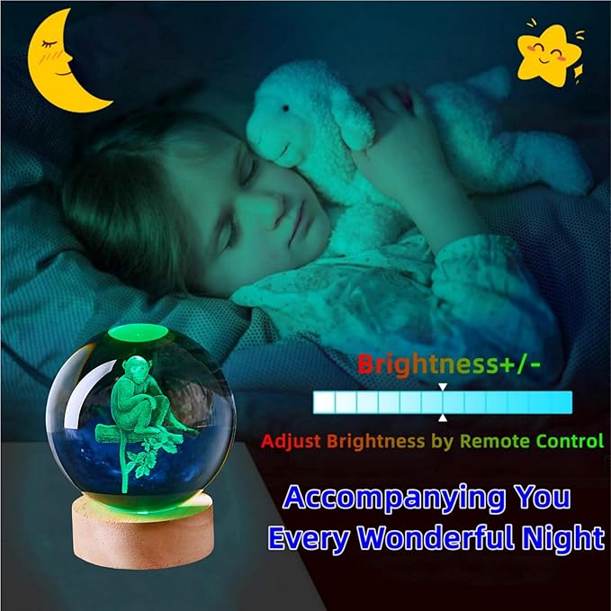 3D Large Monkey Crystal Ball Night Light with Wooden Base, Crystal Lamp Gift for Kids Wife Friends, 16 Color Changing with Remote Control, Laser Engraved 3.15 inch Glass Ball Lamp (Monkey) - Bloomnest
