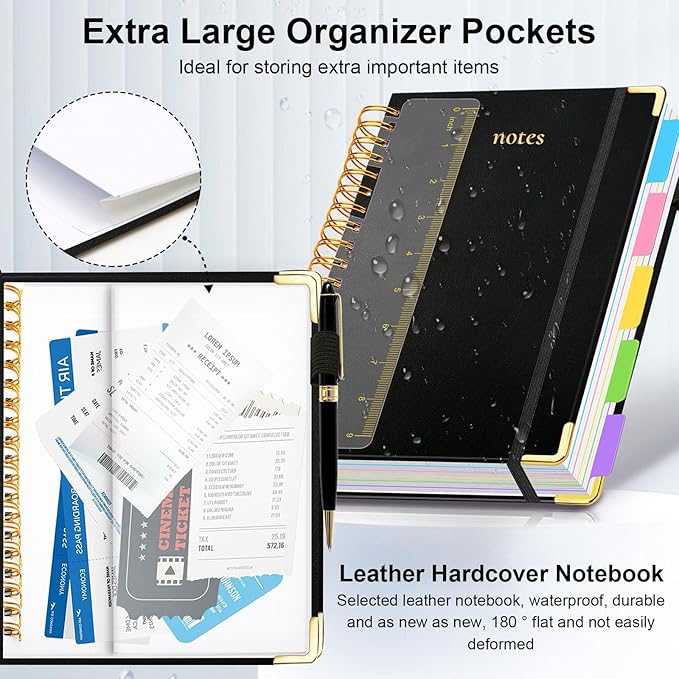 Hardcover Spiral Notebook 8"x10" Journal Notebook with Tabs and Removable Dividers 300 Pages 5 Subject Notebook College Ruled, Faux Leather Spiral Bound Notebook for Women School Work (Black) - Bloomnest