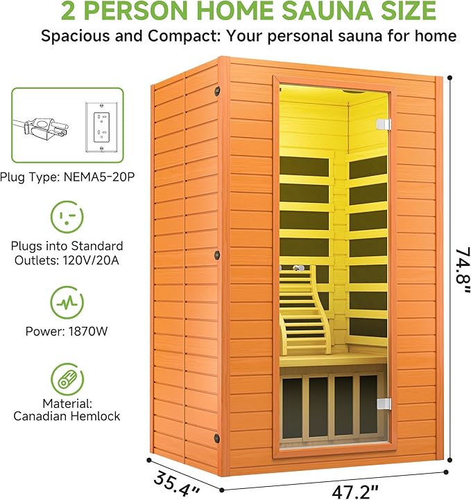 Real Relax Infrared Sauna, 2 Person Low EMF FAR Infrared Saunas for Home, Indoor Personal Canadian Hemlock Wood Sauna with 9 Chromo Therapy Lights, Bluetooth Speakers for Home & Gym Spa RealRelax