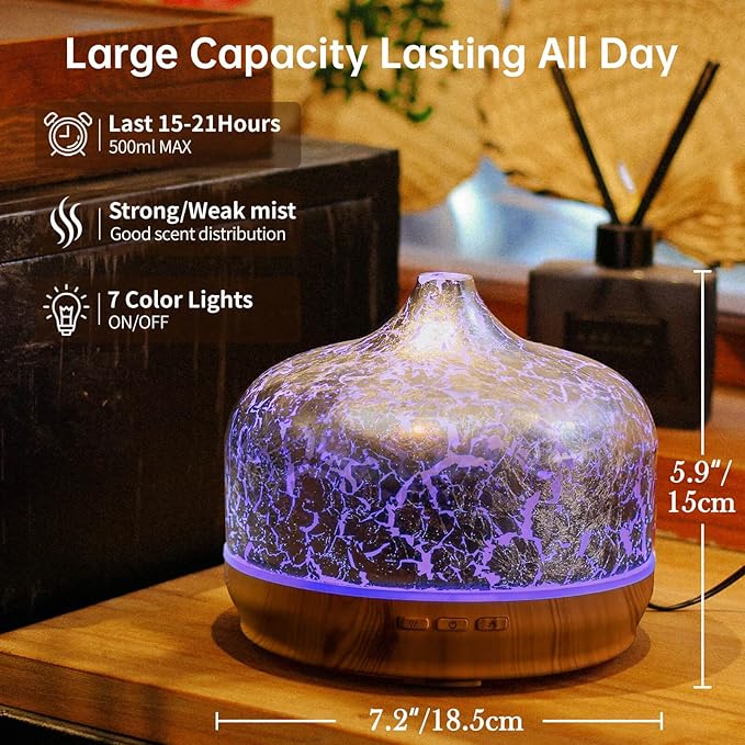 Porseme 500ml Essential Oil Diffuser Silver Plated Glass Aromatherapy Ultrasonic Humidifier - Auto Shut-Off, BPA Free for Home Hotel Yoga SPA Gift - Bloomnest