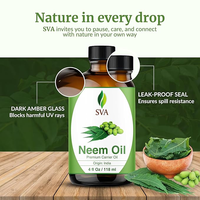 SVA Neem Seed Oil - 4 Fl Oz – 100% Natural Cold Pressed Neem Oil - for Face, Skin Care, Hair Care, Scalp Massage & Body Massage – Carrier Oil with Dropper - Bloomnest