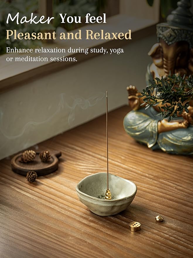 Incense Holder with 3 Incense Sockets, 4 In 1 Incense Burner Holder 4.25 Inch Incense Holder for Sticks, Ceramic Incense Stick Holder for Palo Santo, Cone Incense, Meditation, Yoga, Sage Green