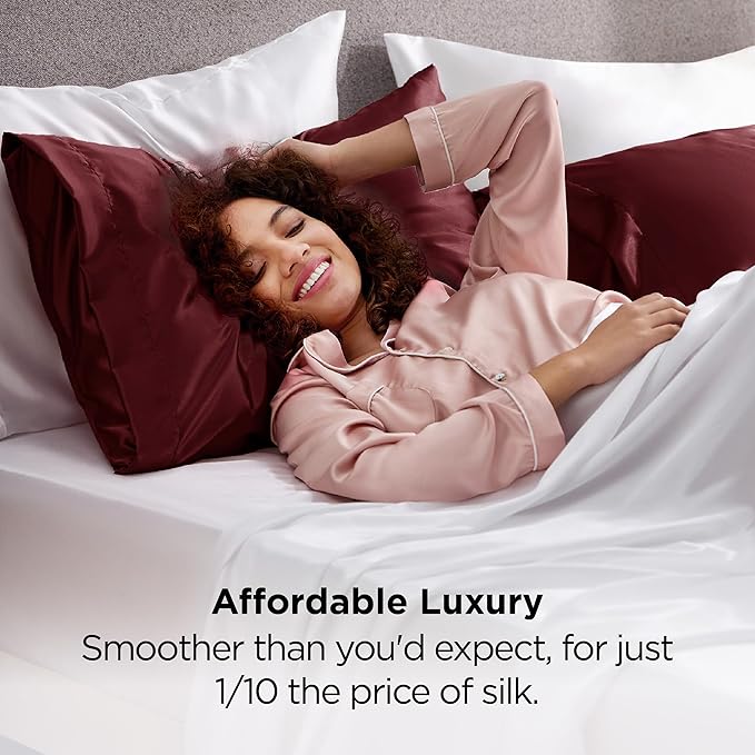 Bedsure King Size Satin Pillowcase Set of 2 - Valentine Pillow Cases for Hair and Skin with Envelope Closure, Similar to Silk Pillow Cases, Gifts for Women Men, Burgundy, 20x36 Inches, 2pcs - Bloomnest