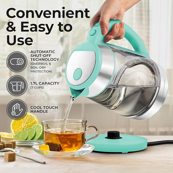 Zulay Kitchen Fast Boiling Electric Water Kettle - 1.7L, 1500W, Auto Shut-Off for Overboil & Boil Dry Protection, Cool-Touch Handle, 360° Base - Rapid Teapot Boiler For Coffee & Tea - Mint - Bloomnest