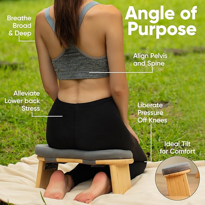 Meditation Chair w/ Extra Thick Cushion - Portable Bamboo Meditation Bench w/ Magnetic Locking Hinge - Anterior Tilt Seiza Bench Ideal for Comfortable & Stable Meditation - Sleek Canvas Kneeling Chair - Bloomnest