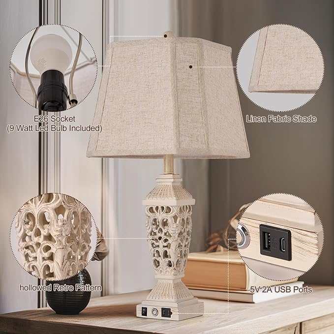 AIDENOEY Farmhouses Table Lamp with USB & USB-C Charging Ports, 3-Color Dimmable & Stepless Bottom Dimming, Touch Control & Switch, Vintage Bedside Lamp for Bedroom Living Room Office,(27.5" high)
