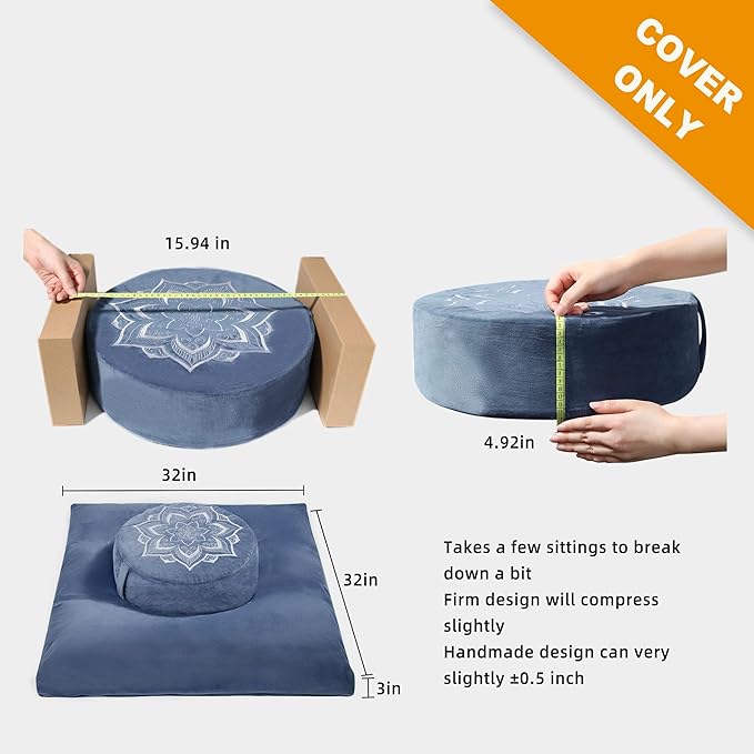 Meditation Zafu Cushion Set with Buckwheat Hulls & Memory Foam - Ergonomic Support for Yoga & Sitting - Removable Machine-Washable Luxury Velvet Cover - for Adults and Kids (Blue（COVER ONLY）)