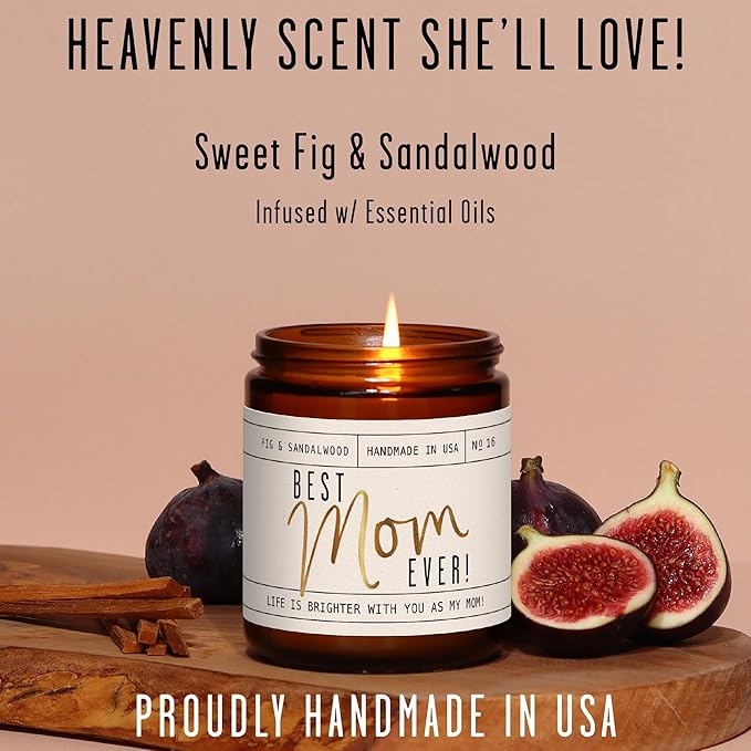 Mothers Day Gifts for Mom, Mom Gifts From Daughter or Son - 'Best Mom Ever' Soy Candle, w/Fig & Sandalwood I Mom Birthday Gifts from Son Ideas I 50Hr Burn, USA Made - Bloomnest