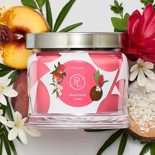 PartyLite Beachside Tiare Scented, Notes of Gardenia, Coconut, Red Hibiscus, Peach & Ylang Ylang, 13.2oz 3-Wick Jar Candle, 45 Hour Burn Time, Luxurious Fragrance, Ideal for Gifting - Bloomnest