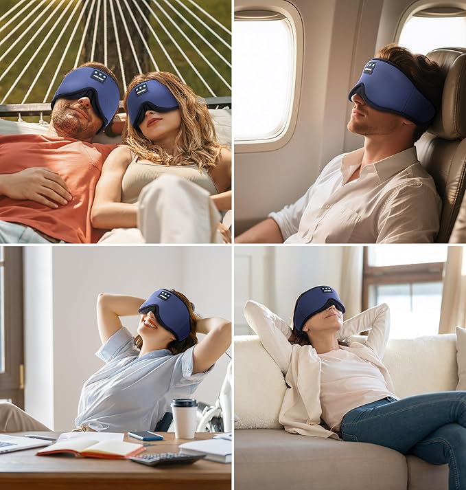Ice Silk Sleep Mask with Headphones, Sleep Headphones for Side Sleeper with 3D Cups, Bluetooth 5.4 Sleeping Eye Mask, Total Blackout Sleeping Headphones for Women Men(Navy) - Bloomnest