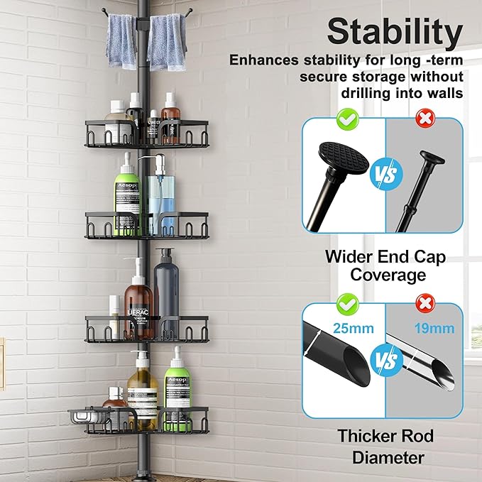 Corner Shower Caddy Tension Pole 4 Tier Adjustable Stainless Steel Shower Shelf for Inside Shower Bathtub Shampoo,Standing Bathroom Organizer Shelves with 39 to 113 inch Height - Bloomnest