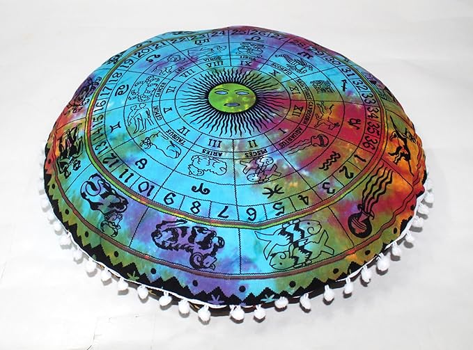 CRAFT KALA Boho Large Floor Pillow Pouf Cover Mandala Meditation Room Pillow Cover for Adults Round Bohemian Seating Pouf Cushion Cover for Kids Playroom 22" Multi Zodiac - Bloomnest