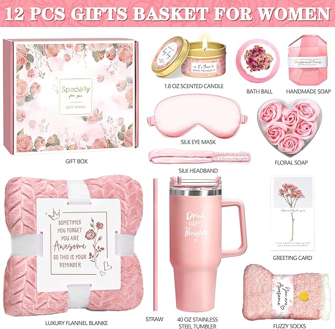 Birthday Gifts for Women Self Care Get Well Soon Gifts, Rose Relaxing Spa Gift Basket - Happy Birthday Set w/ Luxury Flannel Blanket & 40 oz Tumbler, Christmas Gift for Mom Her Wife Sister Friend - Bloomnest