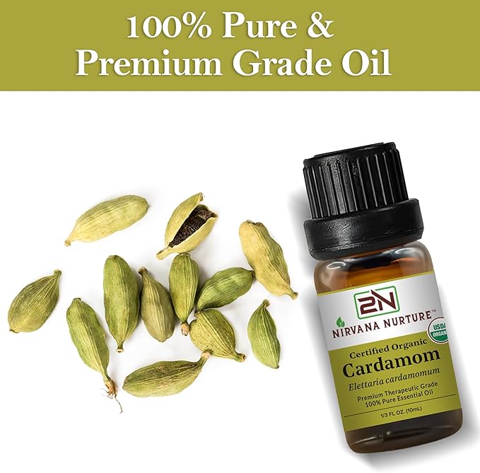 Cardamom Essential Oil, USDA Certified Organic, 100% Pure Undiluted, Aromatherapy Oil for Diffuser, Hair & Skin Care NirvanaNurture
