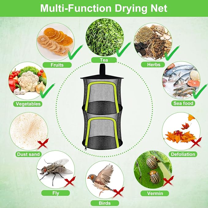 2 Layer Herb Drying Rack, Small Herb Drying Rack Hanging Mesh, Foldable Fish Drying Net with U-Shaped Zipper, Hooks, for Drying Herbs Plants, Flowers, Fruits, Food, Camping(2 Layers-11.81'') - Bloomnest