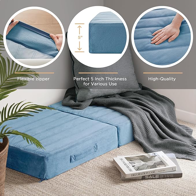 Codi Floor Cushions for Adults, Large Meditation Pillows with Thick Foam and Soft Tufted Covers, Washable Square Seating for Couch and Yoga Sitting, 22×22×5 Inch Blue