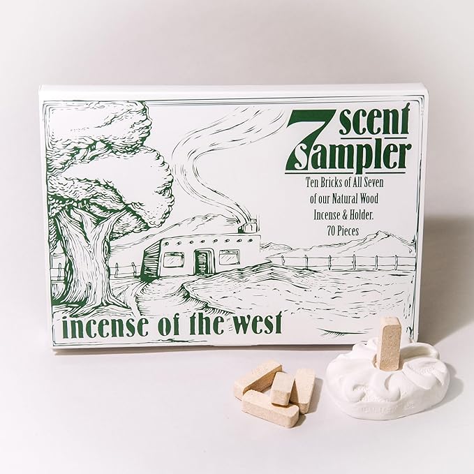 Incienso de Santa Fe - 7 Scent Sampler Natural Wood Incense with Burner, Includes Piñon, Cedar, Juniper, Hickory, Alder, Mesquite, and Fir Balsam (70 Bricks) - Made in the USA InciensodeSantaFe