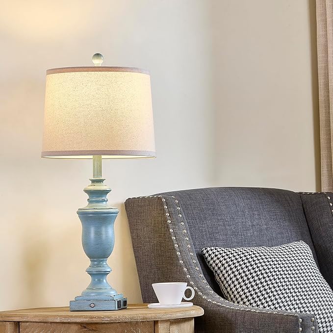 27.5" Set of 2 Farmhouse Table Lamps for Bedroom, 3 Way Dimmable Bedside Lamp with 2 USB +AC Outlet Nightstand Lamps for Living Room Resin Rustic Touch Lamps(Antique Blue) - Bloomnest
