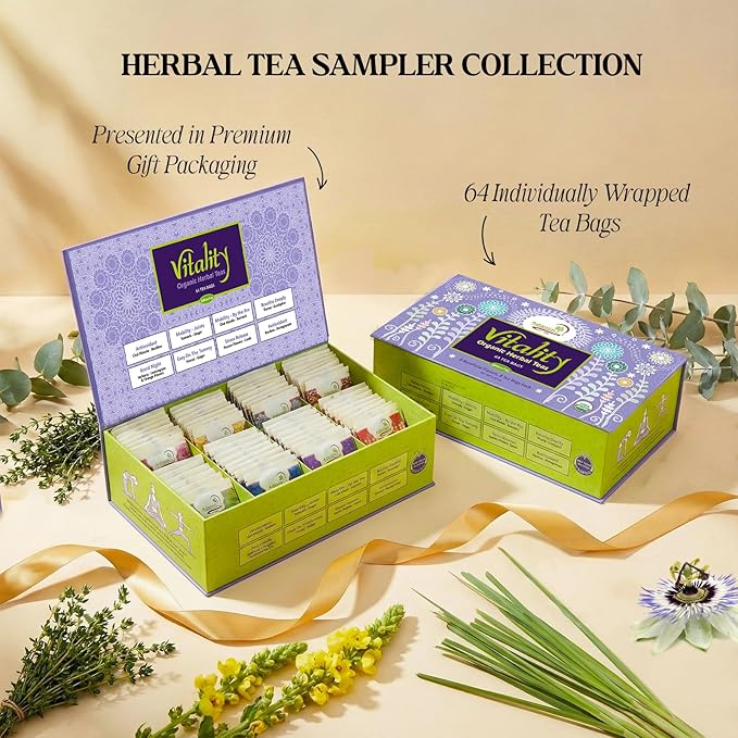Adanim Bio Vitality Organic Herbal Tea Sampler Gift Set Caffeine Free 8 Flavors Variety Pack 64 Individually Wrapped Tea Bags for Gifting - Bloomnest