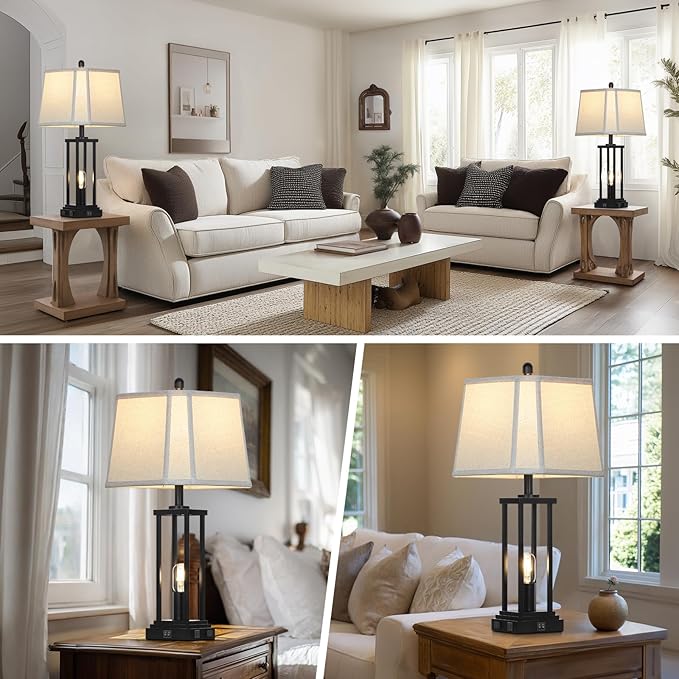 27" Tall Farmhouse Table Lamps with Bell Lampshade, Black Industrial Living Room Lamps Set of 2 with Night Light, Rustic Bedside Lamp with USB C+A Port & AC Outlet, Vintage Bedroom Lamp for Nightstand - Bloomnest