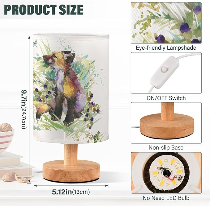 Table Lamp Fox Animal Dragonfly Frog in Floral Grass Woodland Nightstand Lamp with Wood Base Fabric Lamp Shade Bedside Desk Lamp for Living Room Bedroom Kids Room Office - Bloomnest